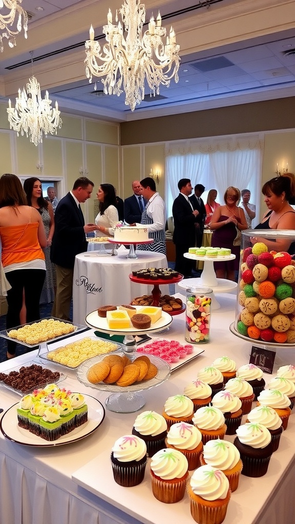 A visually appealing dessert auction display with cakes, cookies, and cupcakes.